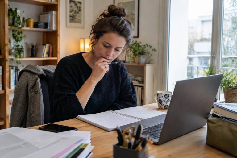 Une femme est assise à un bureau, devant un ordinateur portable et un cahier
