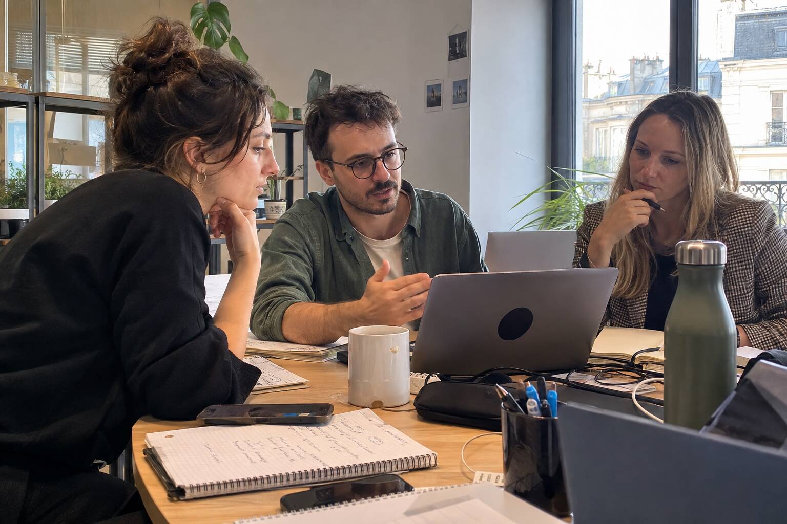 Trois personnes sont assises autour d'une table, avec des carnets, des ordinateurs portables