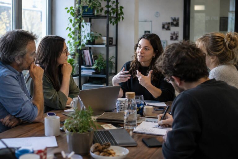 Cinq personnes sont assises autour d'une table dans un bureau et discutent
